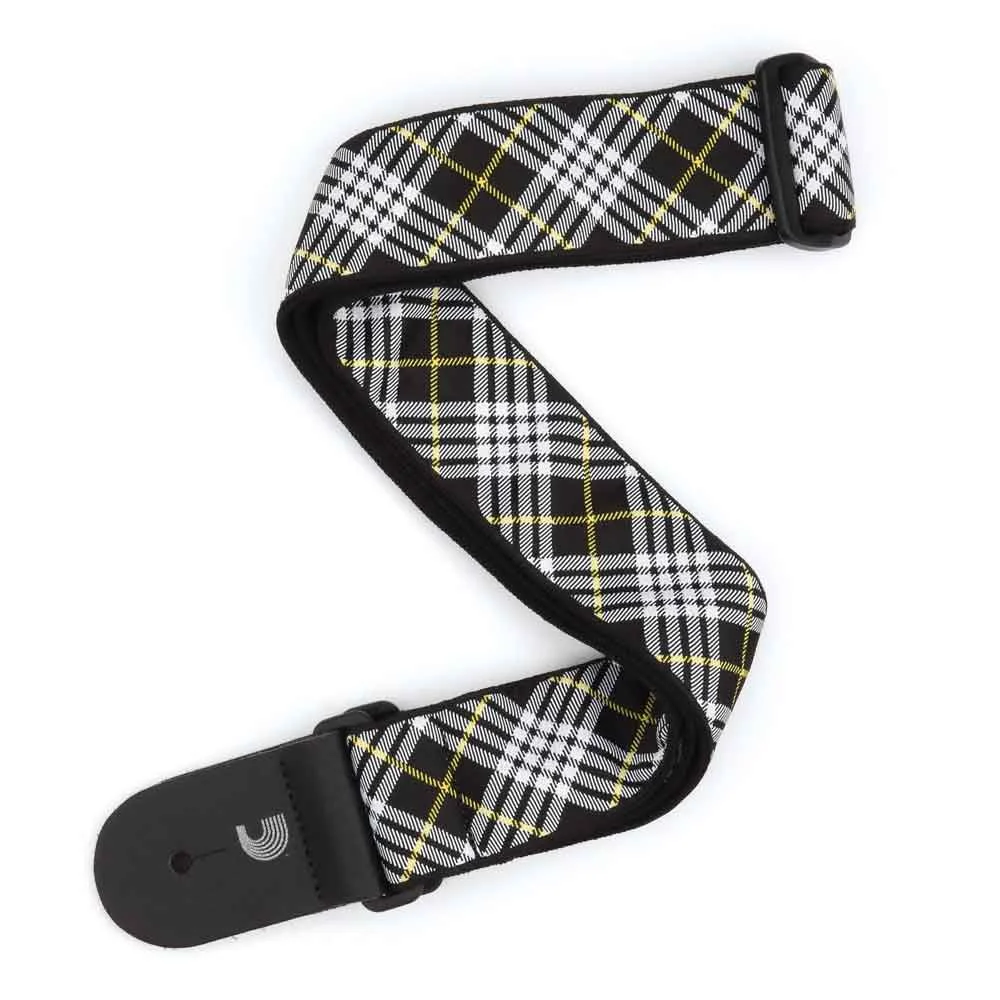 D'Addario T20W1503 Woven Tartan Pattern 2 in. Guitar Strap - Black/White/Yellow