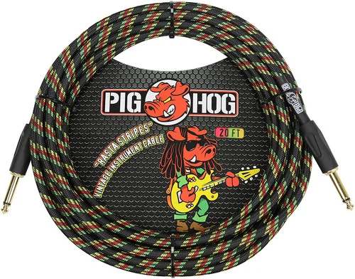 Pig Hog PCH20RA 1/4" to 1/4" Rasta Stripes Guitar Instrument Cable, 20 Feet