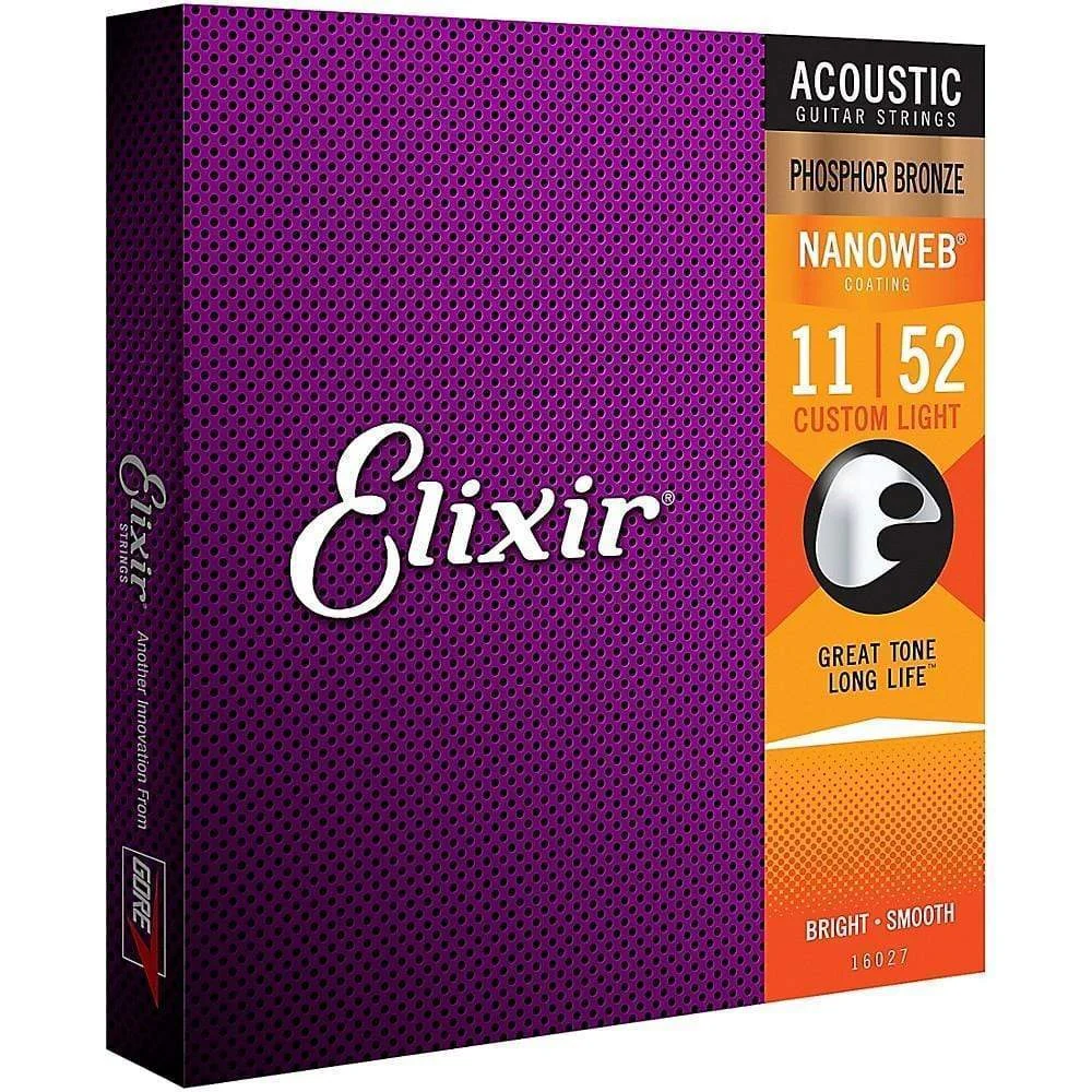 Elixir 16027 Nanoweb PB Acoustic Guitar String Set, Custom Light .011-.052