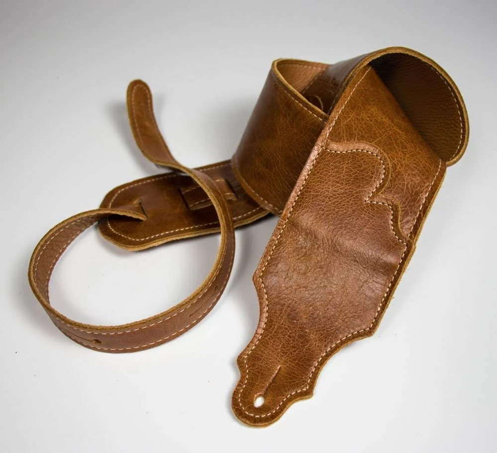 Franklin FSW-JH-CG 3" Premium Aged Leather with Leather backing - Guitar Strap - Cognac with Natural Stitching
