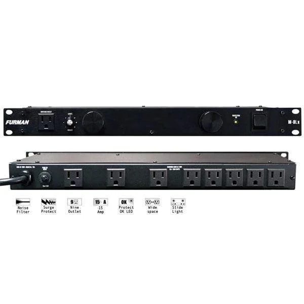 Furman M-8Lx Standard Level Power Conditioning, 15 Amp, 9 Outlets with Wall Wart Spacing, Pullout Lights