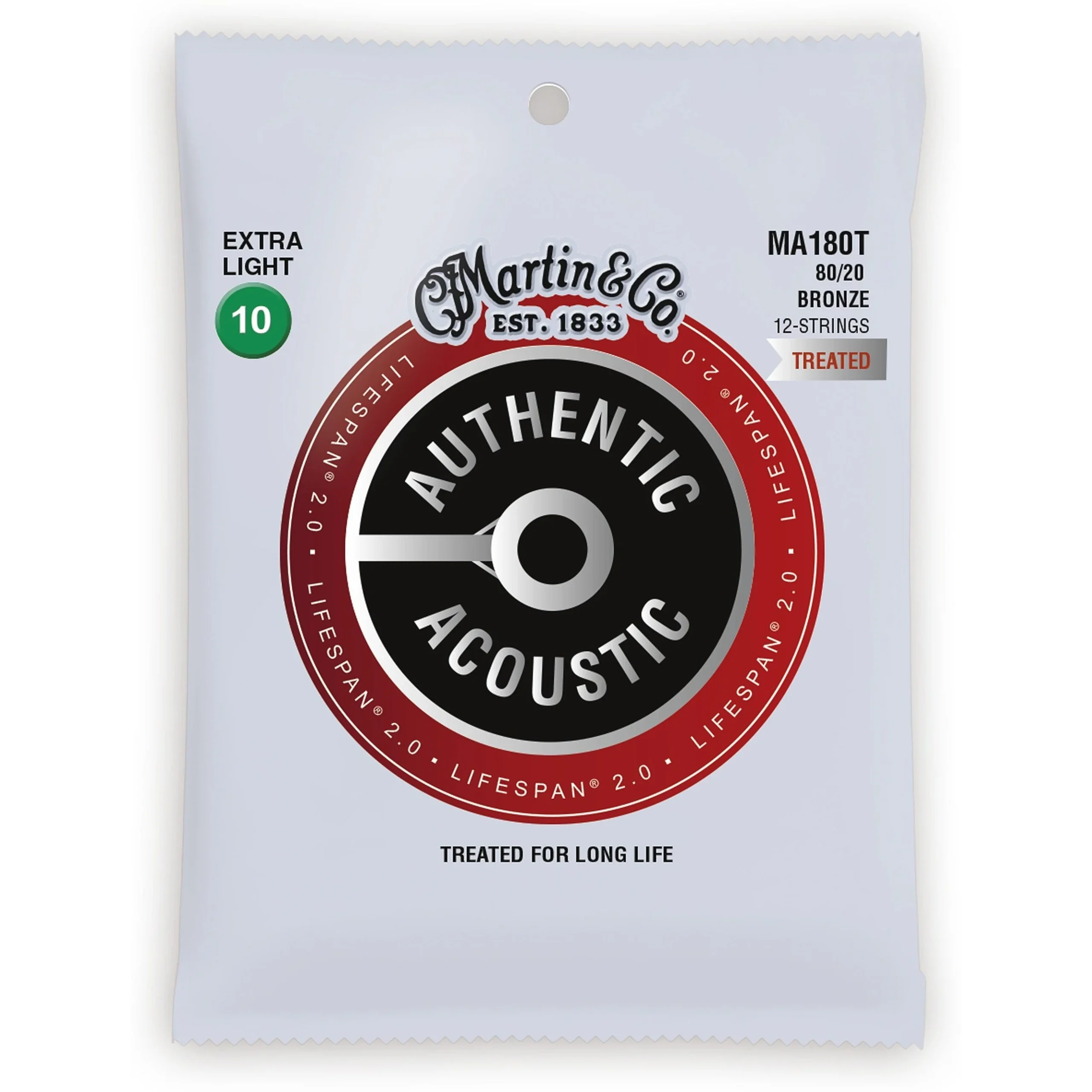 Martin MA180T Authentic Lifespan 2.0 Treated 80/20 Bronze 12-String Extra Light Acoustic Guitar Strings,