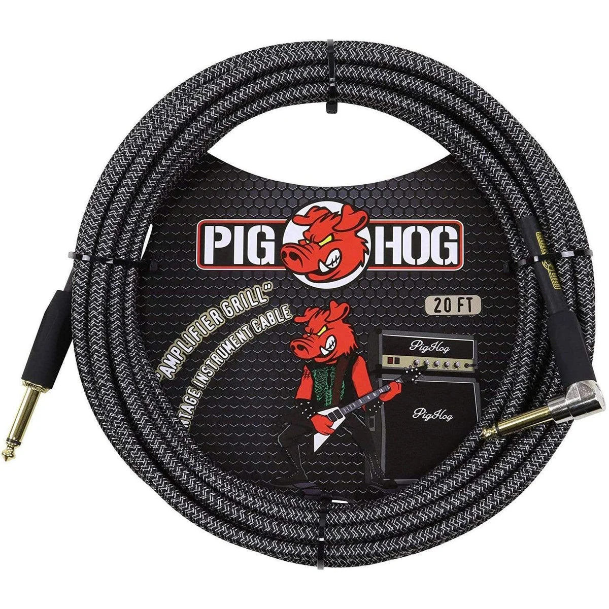Pig Hog PCH20AGR Right-Angle 1/4" to 1/4" Amplifier Grill Guitar Instrument Cable, 20 Feet