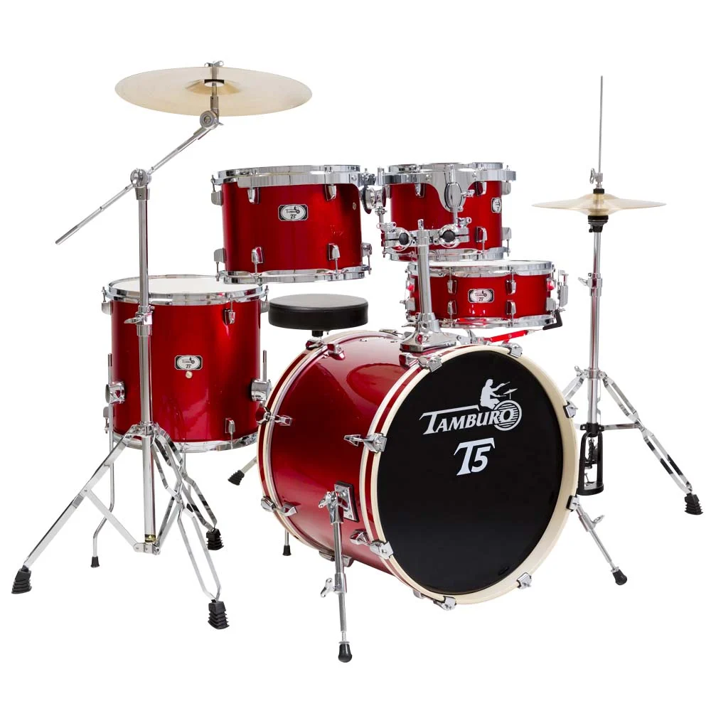 Tamburo TB T5S16BRDSK T5 Series Complete 5-piece Drum Set with Hardware, Cymbals, and Stool Included - Bright Red Sparkle