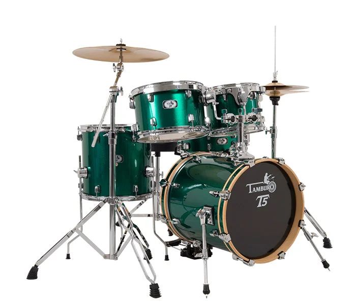 Tamburo TB T5S16GRSK T5 Series Complete 5-piece Drum Set with Hardware, Cymbals, and Stool Included - Green Sparkle