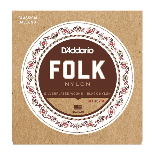 D'Addario EJ32 Folk Nylon Strings Silver Wound/Ball End Black Trebles